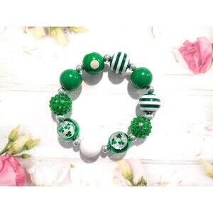 St Patrick's Day Shamrock Clover Irish Beaded Bracelet Stretch Green Plastic